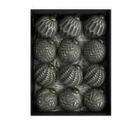 Lot de 12 boules de Noël vintage de 8 cm, finitions rustiques antiques incassables, dans une boîte avec arbres et guirlandes de style classique (noir)