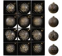 Lot de 12 boules de Noël vintage en PVC de 8 cm à suspendre pour décoration d'intérieur et décorations de vacances (noir doré)