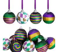 Lot de 12 boules décoratives Mardi Gras de LFUTARI en mousse à paillettes jaunes, vertes et violettes, 5 cm, suspendues pour décorer votre maison ou votre fête de Mardi Gras