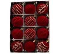 Lot de 12 boules floquées velours vintage rouge or décoration sapin de Noël floqué bordeaux, grandes boules décoratives incassables à suspendre pour guirlandes de Noël