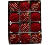 Lot de 12 boules floquées velours vintage rouge or décoration sapin de Noël floqué bordeaux, grandes boules décoratives incassables à suspendre pour guirlandes de Noël