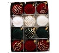 Lot de 12 boules floquées velours vintage rouge or décoration sapin de Noël floqué bordeaux, grandes boules décoratives incassables à suspendre pour guirlandes de Noël