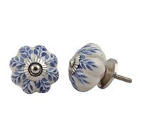 Lot de 12 boutons de placard en céramique blanche motif feuille florale vintage (bleu)