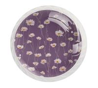 Lot de 12 boutons de tiroir ronds en cristal avec motif marguerites sans couture avec tiges sur fond violet violet pour porte, placard, armoire, quincaillerie avec vis, décoration de maison, bureau