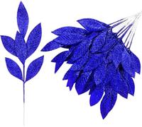 Lot de 12 branches de feuilles artificielles à paillettes - 30,5 cm - Pour sapin de Noël d'hiver, couronne, vases, décorations de table de mariage (bleu roi)
