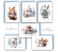 Lot de 12 cartes de Noël pliantes avec enveloppes A6 - Enveloppes brillantes - Joyeux Noël - Joyeux Noël - Aquarelle - Animaux de la forêt - Chevreuil, renard, lapin, chouette, écureuil, souris