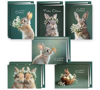 Lot de 12 cartes de Pâques avec enveloppe, moelleuses, pliables, au format A6, avec jolis lapins avec fleurs, papillons, joyeuses Pâques, enveloppes
