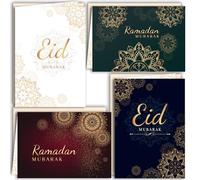 Lot de 12 cartes de vœux, pliables, avec enveloppe, pour le Ramadan Eid Mubarak, cartes de remerciement, cartes de remerciement, fête au sucre, lune, lanterne, blanc doré