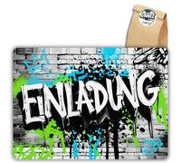 Lot de 12 cartes d'invitation graffiti n° 4 - Pour anniversaire d'enfant garçon et fille - Invitations d'anniversaire graffiti fluo + 12 autocollants + 12 sacs cadeaux