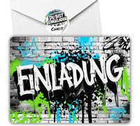 Lot de 12 cartes d'invitation graffiti n° 4 - Pour anniversaire d'enfant garçon et fille - Invitations d'anniversaire graffiti fluo + 12 enveloppes + 12 autocollants