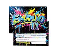 Lot de 12 cartes d'invitation pour 11e anniversaire d'enfant Graffiti Garçon Fille Enfants Invitations colorées cool onzième anniversaire