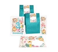 Lot de 12 cartes d'invitation pour 3ème anniversaire d'enfant - Animaux filles garçons panda lion tigre avec 12 enveloppes, 12 sachets/bleu pétrole, 12 autocollants, 12 marque-pages