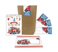 Lot de 12 cartes d'invitation pour 4e anniversaire d'enfant garçon Motif pompiers et couleurs cool Pour quatrième anniversaire Avec 12 enveloppes, 12 sachets et 12 autocollants