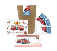 Lot de 12 cartes d'invitation pour 4e anniversaire d'enfant garçon pompier garçon invitations colorées cool quatrième anniversaire avec 12 enveloppes, 12 sachets et 12 autocollants