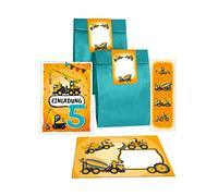 Lot de 12 cartes d'invitation pour 5e anniversaire d'enfant 5e anniversaire garçon chantier de construction avec 12 enveloppes, 12 sachets/bleu pétrole, 12 autocollants, 12 signets