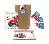 Lot de 12 cartes d'invitation pour 5e anniversaire d'enfant garçon pompier garçon enfants invitations colorées cool cinquième anniversaire avec 12 enveloppes, 12 sachets et 12 autocollants