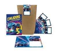 Lot de 12 cartes d'invitation pour 5e anniversaire d'enfant garçon voiture camion monstre invitations colorées cool cinquième anniversaire avec 12 enveloppes, 12 sachets et 12 autocollants