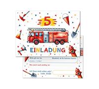 Lot de 12 cartes d'invitation pour 5e anniversaire d'enfant, garçons, pompiers, garçons, invitations cool et colorées, cinquième anniversaire