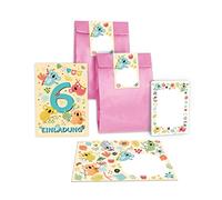 Lot de 12 cartes d'invitation pour 6e anniversaire d'enfant sixième anniversaire fille garçon koala avec 12 enveloppes, 12 sachets/rose, 12 autocollants, 12 blocs