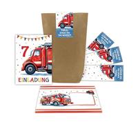 Lot de 12 cartes d'invitation pour 7e anniversaire d'enfant garçon pompier garçon enfants invitations colorées cool septième anniversaire avec 12 enveloppes, 12 sachets et 12 autocollants