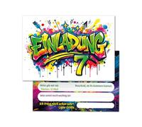 Lot de 12 cartes d'invitation pour 7e anniversaire d'enfant - Graffiti - Filles et garçons - Invitations colorées cool - Septième anniversaire