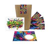 Lot de 12 cartes d'invitation pour 7e anniversaire d'enfant - Graffiti - Pour fille et garçon - Invitations colorées cool pour septième anniversaire - Avec 12 enveloppes, 12 sachets et 12 autocollants