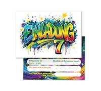 Lot de 12 cartes d'invitation pour 7e anniversaire d'enfant - Graffiti - Pour garçon et fille - Invitations colorées cool - Septième anniversaire