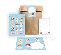 Lot de 12 cartes d'invitation pour anniversaire d'enfant fille chien avec 12 enveloppes, 12 sachets/nature, 12 autocollants, 12 blocs