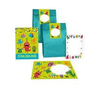 Lot de 12 cartes d'invitation pour anniversaire d'enfant garçon fille monstres avec 12 enveloppes, 12 sachets/bleu pétrole, 12 autocollants, 12 blocs