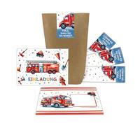 Lot de 12 cartes d'invitation pour anniversaire d'enfant Motif pompiers et garçons Avec 12 enveloppes, 12 sachets et 12 autocollants