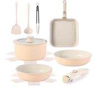Lot de 12 casseroles et poêles antiadhésives avec poignée amovible, ensemble de poêles à induction pour camping-car, passe au four, sans PFOA (noisette)
