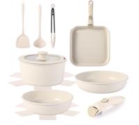 Lot de 12 casseroles et poêles antiadhésives avec poignée amovible, ensemble de poêles à induction pour camping-car, passe au four, sans PFOA (blanc)