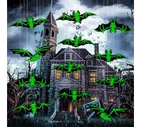 Lot de 12 Chauves-Souris Halloween à Suspendre avec Lumineux, Décoration Halloween Extérieur Intérieur, Chauve-Souris Volantes Fluorescentes pour Maison, Jardin, Fête, Arbre, Fenêtre