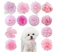 Lot de 12 colliers roses pour chien et chat - Fleur amovible - Ornement floral avec bande élastique en caoutchouc - Mousseline de soie douce - Nœud papillon - Pour chiennes femelles - Mariage et fête