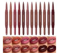 Lot de 12 crayons à lèvres et rouges à lèvres double embout, kit pour les lèvres 2-en-1 comprenant un rouge à lèvres biseauté et un crayon à lèvres assorti - Finition mate veloutée, longue tenue