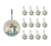 Lot de 12 crochets de rideau de douche en forme de chat amusant qui chevauche un requin océan (4) crochets de douche durables pour doublure, anneaux de douche pour rideau et tringle de douche de salle