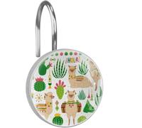 Lot de 12 crochets de rideau de douche, lamas, cactus, alpagas espagnols, Hello - En acier inoxydable - Pour tringle de douche de salle de bain