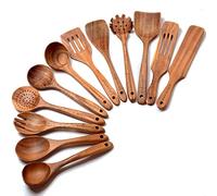 Lot de 12 cuillères en bois pour la cuisine, ustensiles de cuisine en bois de teck naturel