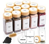 lot de 12 - DECO HAUS Boîtes à épices avec couvercle en bambou - Différents embouts de saupoudrage, entonnoir, pinceau, étiquettes - 120 ml, 10,5 x 4,3 cm