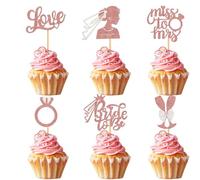 Lot de 12 décorations de cupcake à paillettes or rose avec 6 motifs Love Miss to Mrs Bride to Be Champagne Diamant