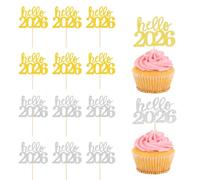 Lot de 12 décorations de cupcakes à paillettes « Happy New Year 2026 » - Fournitures de fête du Nouvel An 2026 - Décorations de gâteaux pour le Nouvel An, doré/argenté
