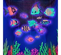 Lot de 12 décorations de fête sous la mer - Décoration de plafond à suspendre sous la lumière noire - Poisson néon phosphorescent en carton avec ligne de pêche pour salle de classe, océan, sirène