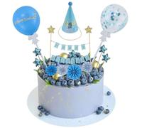 Lot de 12 décorations de gâteau d'anniversaire bleues Happy Birthday - Décoration de gâteau d'anniversaire - Noir - Éventails en papier étoiles - Pour décoration de gâteau