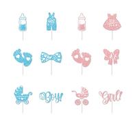 Lot de 12 décorations de gâteau pour fête prénatale - Pour garçon/fille - Paillettes bleues et roses - Pour révélation de genre, fête prénatale, anniversaire