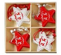 Lot de 12 décorations de Noël en bois à suspendre pour sapin, style classique rouge et blanc, en bois naturel, décorations pour la saison des fêtes (étoiles)
