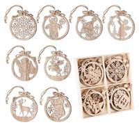 Lot de 12 décorations de Noël rondes en bois découpées, flocon de neige, sapin de Noël, bonhomme de neige, décorations à suspendre pour décorations de Noël, loisirs créatifs