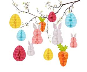 Lot de 12 décorations de Pâques à suspendre - Papier - Œufs de Pâques en nid d'abeille - Décoration de printemps réutilisable pour l'intérieur et l'extérieur
