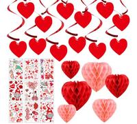 Lot de 12 décorations de Saint-Valentin : boules en nid d'abeille en forme de cœur rose et rouge, tourbillons suspendus et autocollants | Réutilisable pour fiançailles, mariage, anniversaire