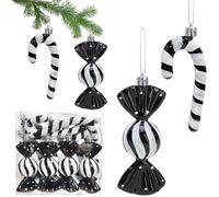 Lot de 12 décorations de sapin de Noël à paillettes - Noir et blanc - Taille XXL - Boules de Noël en sucre d'orge - Décoration de sapin de Noël