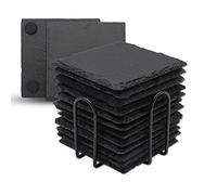 Lot de 12 dessous de verre avec support, 10,2 cm, pierre d'ardoise noire avec fond anti-rayures pour bar, cuisine, décoration d'intérieur, carré